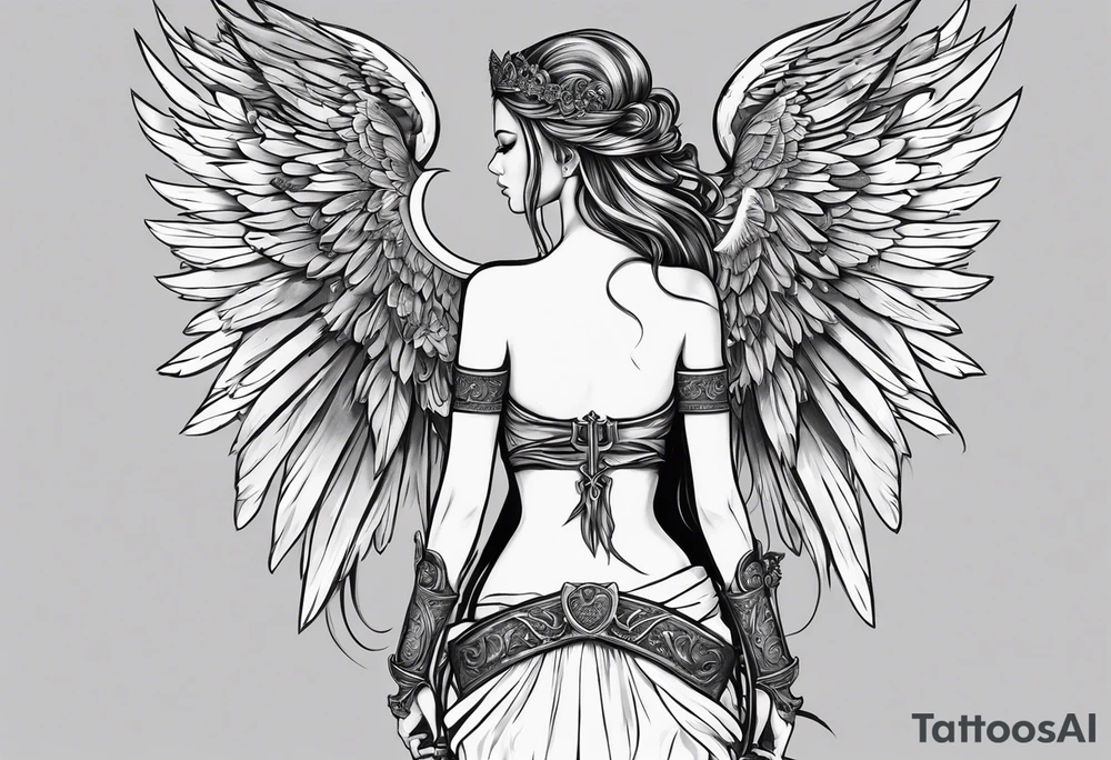 A fineline tattoo on a back with a sword down the spine a goddess in the right side and angel wing in the left side tattoo idea