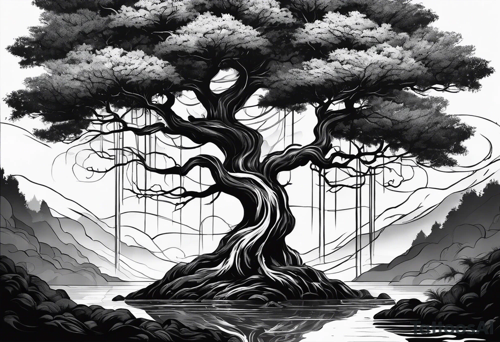 Black and white full sleeve tree going up with roots turning into water going down to wrist tattoo idea