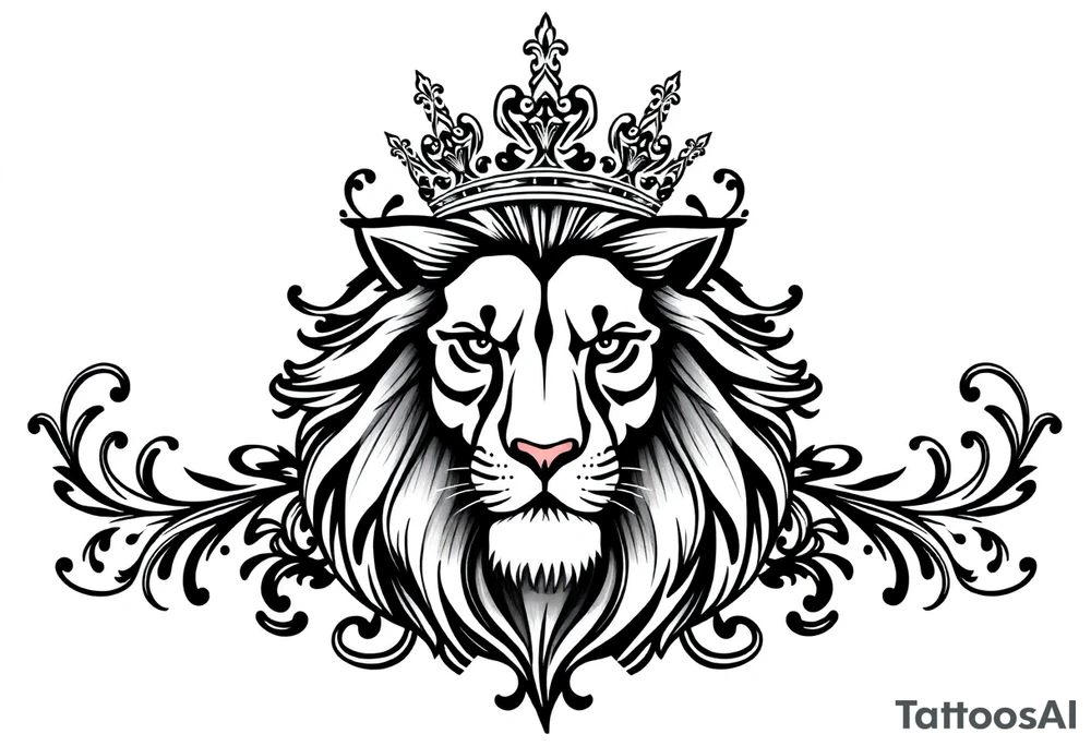 majestic lion wearing ornate crown, surrounded by baroque flourishes tattoo idea