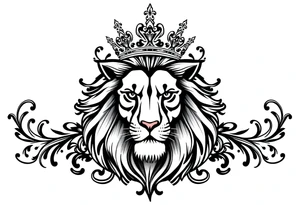 majestic lion wearing ornate crown, surrounded by baroque flourishes tattoo idea