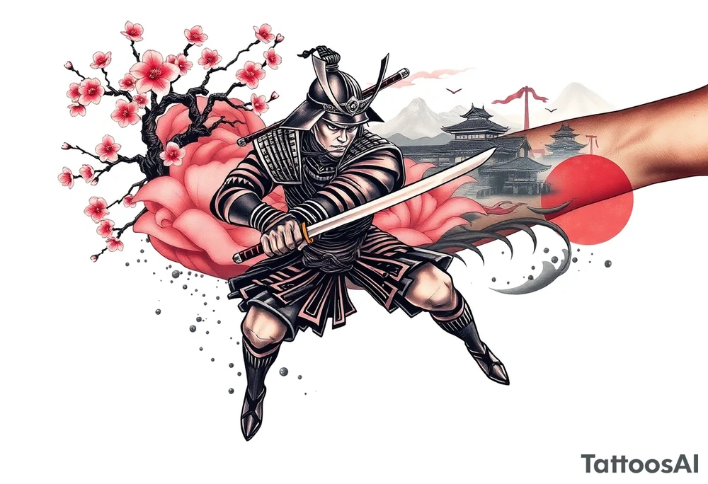 Samurai in a fighting position on the forearm with a cherry blossom tree on the shoulder. Background should be some cherry blossoms with a japanese village in the background. tattoo idea