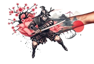 Samurai in a fighting position on the forearm with a cherry blossom tree on the shoulder. Background should be some cherry blossoms with a japanese village in the background. tattoo idea