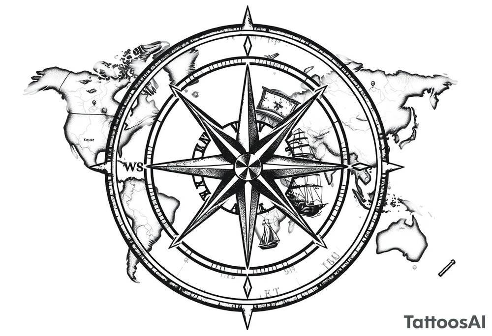 antique compass rose overlaid on weathered world map with sailing ships tattoo idea