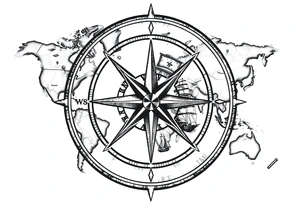antique compass rose overlaid on weathered world map with sailing ships tattoo idea