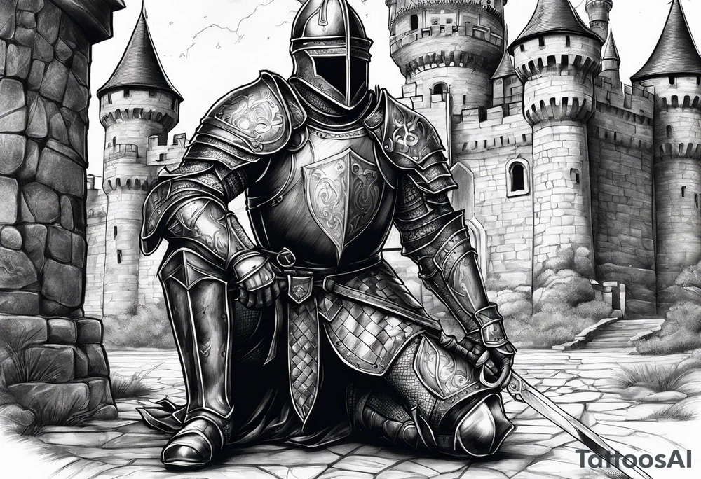 Wounded knight on two knees in front of castle tattoo idea
