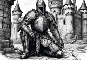 Wounded knight on two knees in front of castle tattoo idea