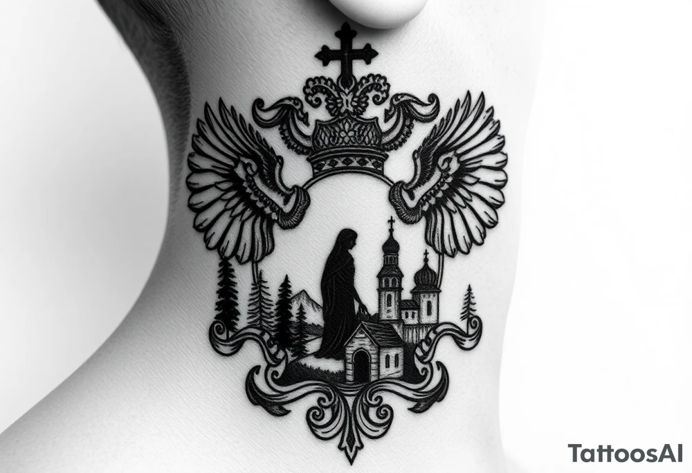 Traditional authentic Russian coat of arms with a Christian orthodox virgin marry in the middle and silhouette in a Russian wilderness Christian orthodoxy dome church village setting on the side of my neck tattoo idea