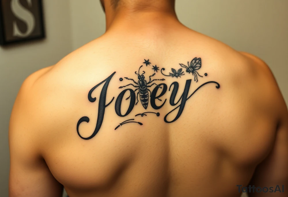 Ornamental tattoo with the name Joey incorporated into the linework, give it some bugs and make it a stencil for my leg tattoo idea