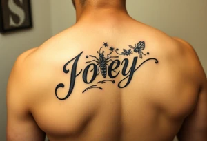 Ornamental tattoo with the name Joey incorporated into the linework, give it some bugs and make it a stencil for my leg tattoo idea