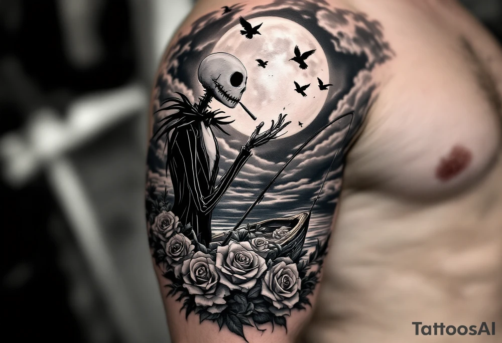 jack skellington smoking and fishing, on a boat of roses, cloudy sky, full moon, birds, tattoo idea