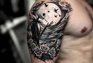 jack skellington smoking and fishing, on a boat of roses, cloudy sky, full moon, birds, tattoo idea