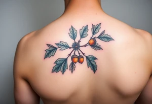 colored tattoo on the arm depicting an oak branch with acorns tattoo idea