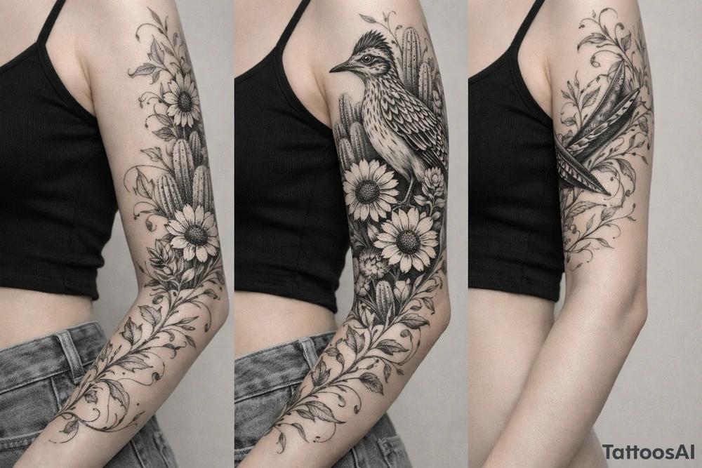 Medium size roadrunner surrounded by cactus and wildflowers including sunflowers and Indian paint brush flowers from shoulder onto hand with vines tattoo idea