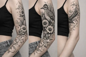 Medium size roadrunner surrounded by cactus and wildflowers including sunflowers and Indian paint brush flowers from shoulder onto hand with vines tattoo idea