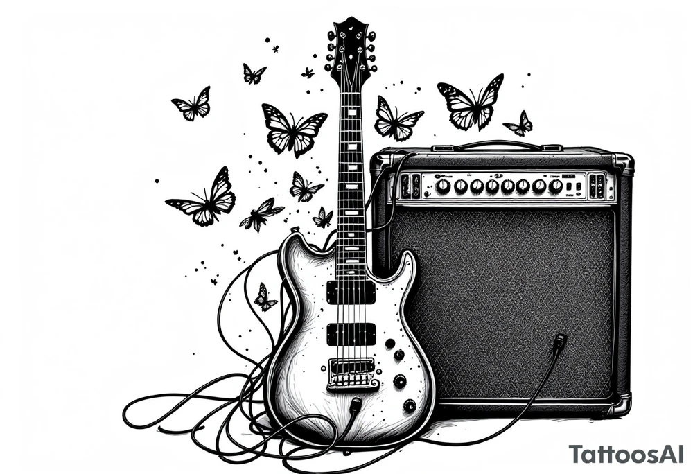 An electric guitar plugged into an amp with 5 butterflies flying around it tattoo idea