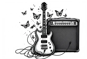 An electric guitar plugged into an amp with 5 butterflies flying around it tattoo idea