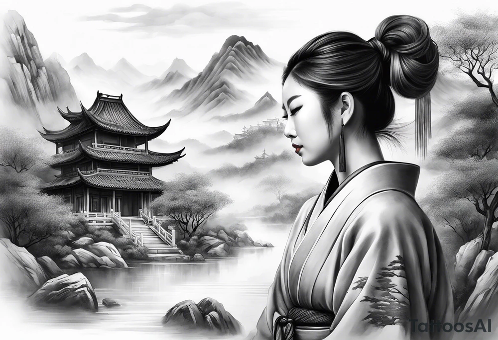 forearm sleeve traditional chinese art painting style autumn mountains mist fog water Chinese temple female with pony tail wearing robes meditating tattoo idea
