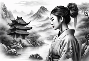 forearm sleeve traditional chinese art painting style autumn mountains mist fog water Chinese temple female with pony tail wearing robes meditating tattoo idea