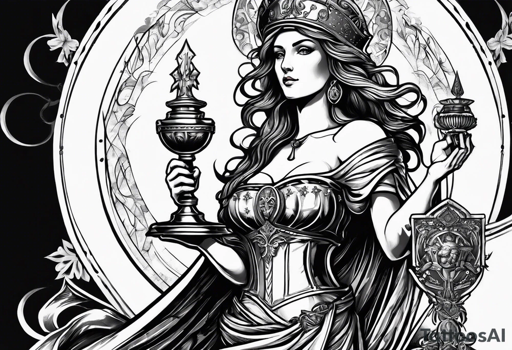 Saint Barbara holding a chalice with cannons behind her tattoo idea