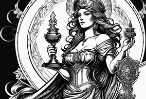 Saint Barbara holding a chalice with cannons behind her tattoo idea