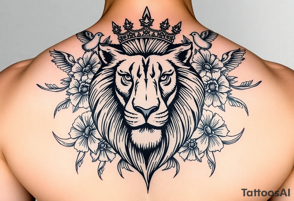 powerful majestic lion with a crown, surrounded by floral ornaments and birds tattoo idea