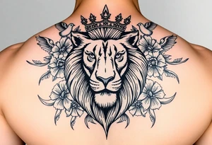 powerful majestic lion with a crown, surrounded by floral ornaments and birds tattoo idea