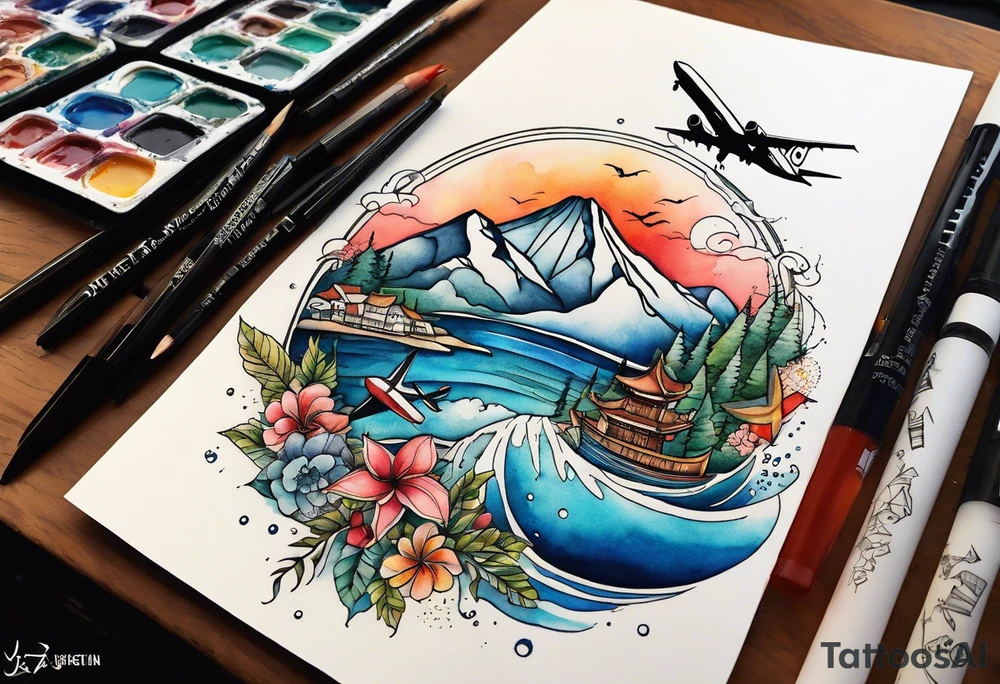 Travel themed for thigh, compass rose overlaid with beach, mountains, city scapes and European landmarks in and around it, spilled watercolor and tiny jet plane silhouette and a tiny ski boat in the water tattoo idea