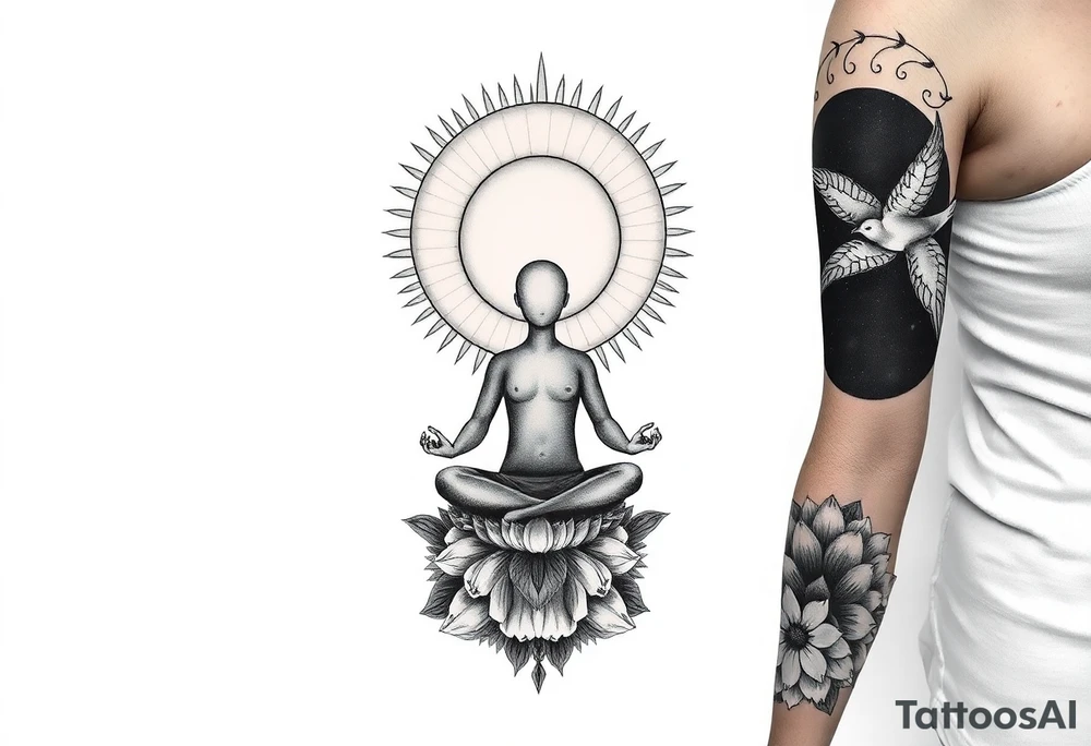 a figure sitting in lotus position meditating based on the lyrics “doing time in the universal mind” by the doors - with a psychedelic trippy background as the meditation expands out from his head into the universe / cosmos - on one side of the arm- the other has a swallow  flying into the night sky into a moon/sun based on the lyrics )into the night of the dark black sky” by the beatles. the rest of the tattoo sleeve is based on these two songs plus “the soft parade” by the doors tattoo idea
