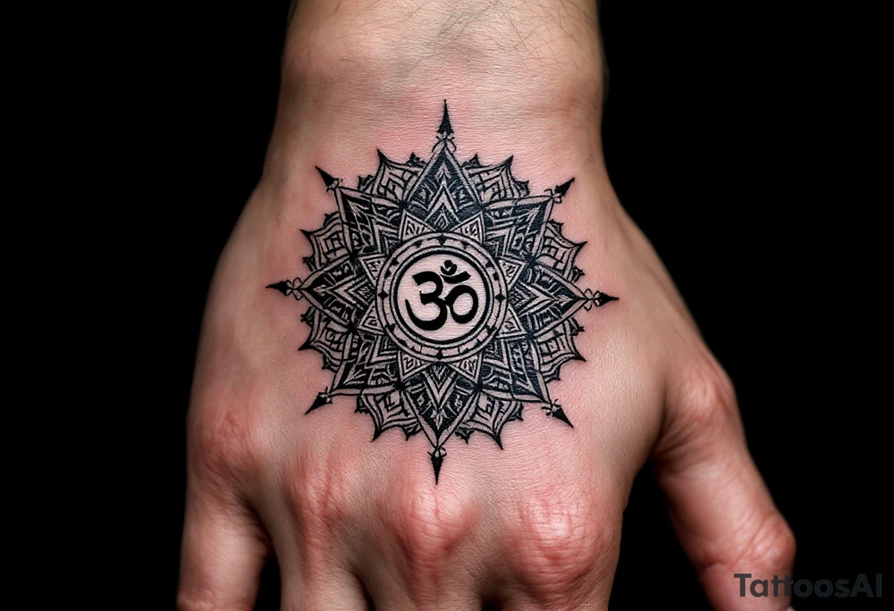 Dharmachakra with an ohm symbol in the middle tattoo idea