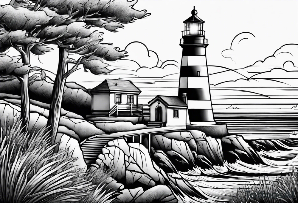 Light house with ocean view tattoo idea