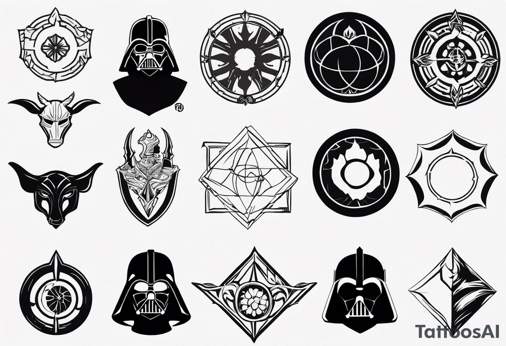 Make an image that contains elements from Star Wars, Game of Thrones, The Lord of the Rings, Demon Slayer, Pokemon, Harry Potter tattoo idea