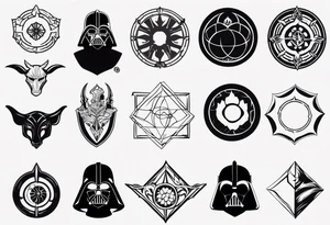 Make an image that contains elements from Star Wars, Game of Thrones, The Lord of the Rings, Demon Slayer, Pokemon, Harry Potter tattoo idea