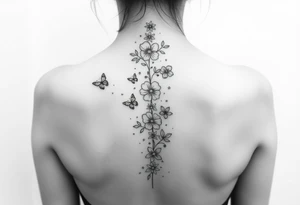 Flowers vertically down the spine surrounded by small butterflies and sparkles

Less flowers tattoo idea