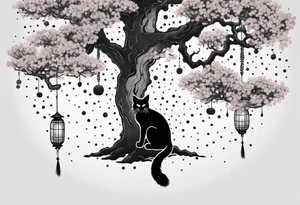 elongated hanging cherry blossom branch meeting with a dying pine tree with hidden cute demon cat tattoo idea