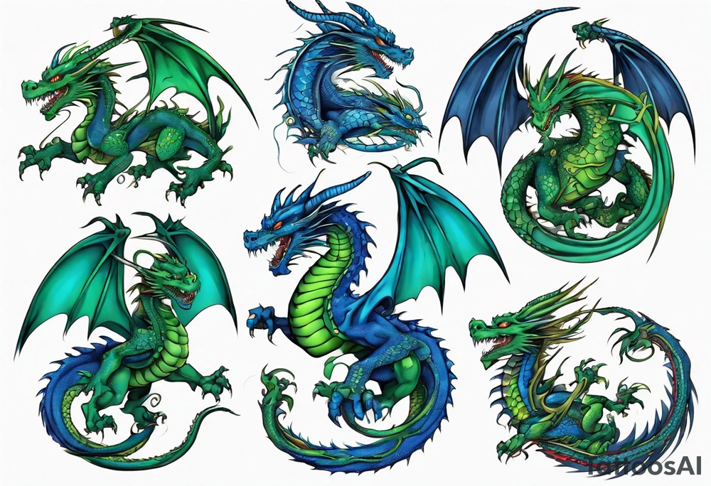 blue dragon tangled with a green dragon tattoo idea