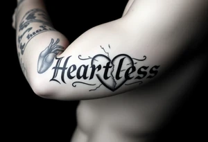 Broken heartHeartless words written in majuscule with broken real heart design tattoo idea