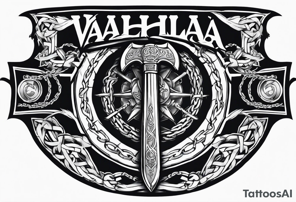 Valhalla sword round shield axe barbed wire chains tattoo idea