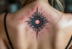 Wrapped in burgundy vines, the black Celtic sun at the center pulses with mystic charm. tattoo idea