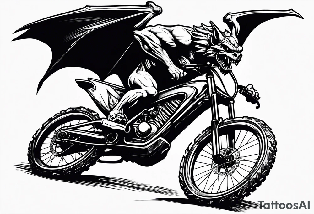 Gothic gargoyle riding a full suspension mountain bike tattoo idea