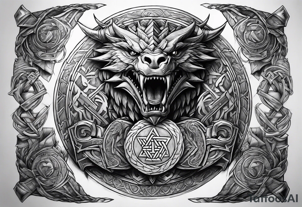 Valhalla sword shield dragon axe Valknut steps tattoo idea