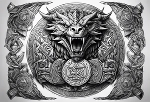 Valhalla sword shield dragon axe Valknut steps tattoo idea
