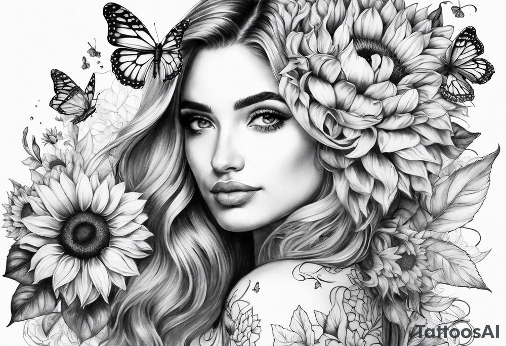 Leg sleeve with sunflowers and butterflies tattoo idea