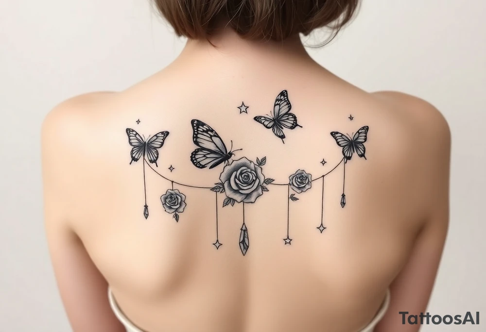 Butterflies, roses, gemstones on chains, stars tattoo idea Butterflies, roses, gemstones on chains, stars tattoo idea