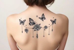 Butterflies, roses, gemstones on chains, stars tattoo idea