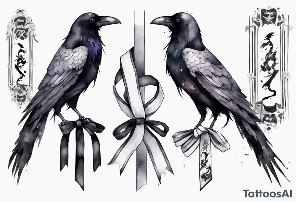 raven wearing a white ribbon tied around leg tattoo idea