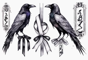 raven wearing a white ribbon tied around leg tattoo idea