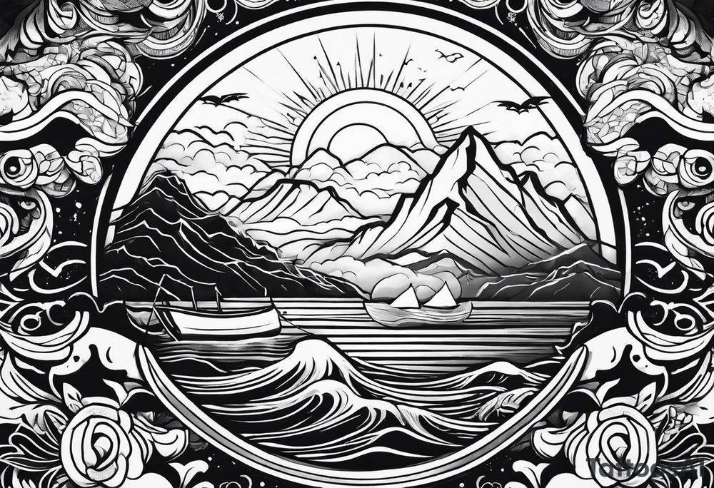 Sun, sea, mountain tattoo idea