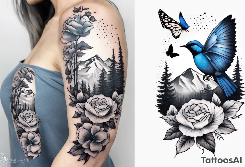 Rocky mountains with mountain blue birds and monarch butterflies with wild prairie roses  for a half sleeve tattoo idea