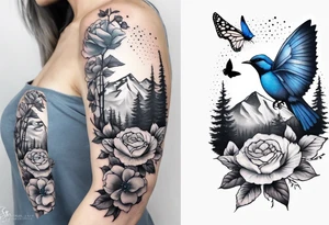Rocky mountains with mountain blue birds and monarch butterflies with wild prairie roses  for a half sleeve tattoo idea