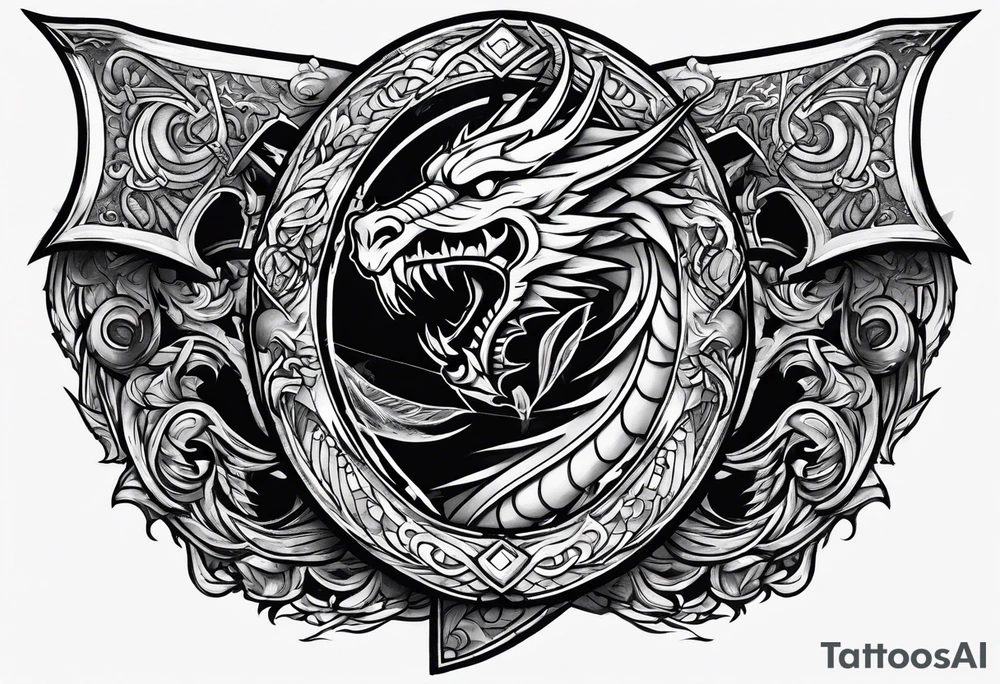 Valhalla sword shield dragon head axe tattoo idea